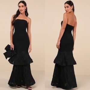 Lulus Immense Drama Black Strapless Tiered Jacquard Maxi Dress M Wedding Prom